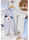 Ayıcık Nakışlı Tulumlu % 100 Pamuk Erkek Bebek 5li Set