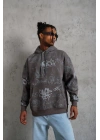 Baskılı Kapüşonlu Ribanalı Sweat - Gri