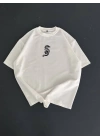 Baskılı Oversize Bisiklet Yaka T-shirt - Beyaz -
