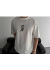Baskılı Oversize Bisiklet Yaka T-shirt - Beyaz -