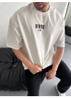 Baskılı Oversize Bisiklet Yaka T-shirt - Beyaz -
