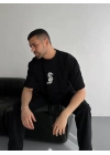 Baskılı Oversize Bisiklet Yaka T-shirt - Siyah -