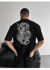 Baskılı Oversize Bisiklet Yaka T-shirt - Siyah -