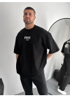 Baskılı Oversize Bisiklet Yaka T-shirt - Siyah -