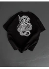 Baskılı Oversize Bisiklet Yaka T-shirt - Siyah -