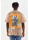 Baskılı Oversize T-Shirt - Bej -