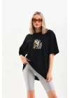 Baskılı Oversize T-Shirt - Siyah -