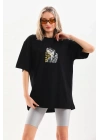 Baskılı Oversize T-Shirt - Siyah -