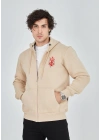 Baskılı Tam Fermuarlı Kapşonlu SweatShirt - Bej