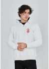 Baskılı Tam Fermuarlı Kapşonlu SweatShirt - Beyaz -