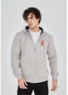 Baskılı Tam Fermuarlı Kapşonlu SweatShirt - Boyalı Gri