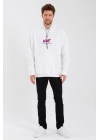 Baskılı Üç İplik Kapüşonlu Oversize Sweatshirt - Beyaz -