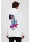 Baskılı Üç İplik Kapüşonlu Oversize Sweatshirt - Beyaz -