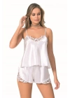 Bicomi Beyaz Saten Babydoll Şort Takımı