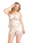Bicomi Büyük Beden Fildişi Saten Babydoll Şort Takımı