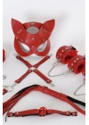 Bicomi Kırmızı İçi Tüylü Maske,Kol,Bacak,Ağız Topu,Kırbaç,Tasma Harness Set