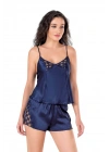 Bicomi Lacivert Saten Babydoll Şort Takımı