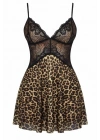 Bicomi Özel Tasarım Leopar Desenli İnce Askılı Dantel İşlemeli Göğüs Dekolteli Mini Gecelik