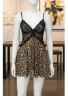 Bicomi Özel Tasarım Leopar Desenli İnce Askılı Dantel İşlemeli Göğüs Dekolteli Mini Gecelik