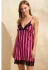 Bicomi Saten Çizgili İp Askılı Dantelli Kısa Gecelik