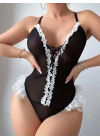 Bicomi Siyah Dantel İşlemeli Sırt Dekolteli Fantezi Body