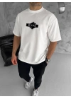 Bisiklet Yaka Baskılı Double Oversize T-Shirt - Beyaz -