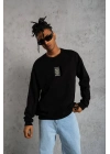 Bisiklet Yaka Baskılı Oversize Sweatshirt - Siyah -