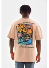 Bisiklet Yaka Baskılı Oversize T-Shirt - Bej -