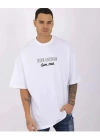 Bisiklet Yaka Baskılı Oversize T-Shirt - Beyaz