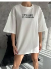 Bisiklet Yaka Baskılı Oversize T-Shirt - Beyaz -