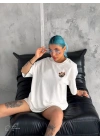 Bisiklet Yaka Baskılı Oversize T-Shirt - Beyaz -