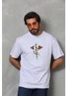Bisiklet Yaka Baskılı Oversize T-Shirt - Beyaz -
