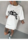 Bisiklet Yaka Baskılı Oversize T-Shirt - Beyaz -