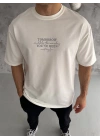 Bisiklet Yaka Baskılı Oversize T-Shirt - Beyaz -