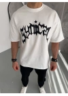 Bisiklet Yaka Baskılı Oversize T-Shirt - Beyaz -