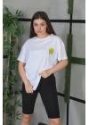 Bisiklet Yaka Baskılı Oversize T-Shirt - Beyaz -