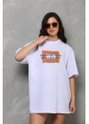 Bisiklet Yaka Baskılı Oversize T-Shirt - Beyaz -