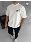 Bisiklet Yaka Baskılı Oversize T-Shirt - Beyaz