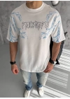 Bisiklet Yaka Baskılı Oversize T-Shirt - Beyaz