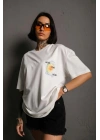 Bisiklet Yaka Baskılı Oversize T-Shirt - Beyaz -