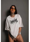Bisiklet Yaka Baskılı Oversize T-Shirt - Beyaz -