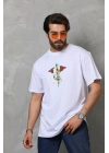 Bisiklet Yaka Baskılı Oversize T-Shirt - Beyaz -