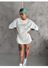 Bisiklet Yaka Baskılı Oversize T-Shirt - Beyaz