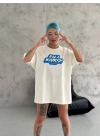Bisiklet Yaka Baskılı Oversize T-Shirt - Beyaz -
