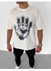 Bisiklet Yaka Baskılı Oversize T-Shirt - Beyaz -