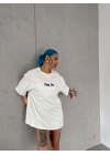 Bisiklet Yaka Baskılı Oversize T-Shirt - Beyaz -
