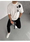 Bisiklet Yaka Baskılı Oversize T-Shirt - Beyaz -