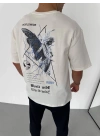 Bisiklet Yaka Baskılı Oversize T-Shirt - Beyaz -