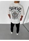 Bisiklet Yaka Baskılı Oversize T-Shirt - Beyaz -