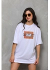 Bisiklet Yaka Baskılı Oversize T-Shirt - Beyaz -